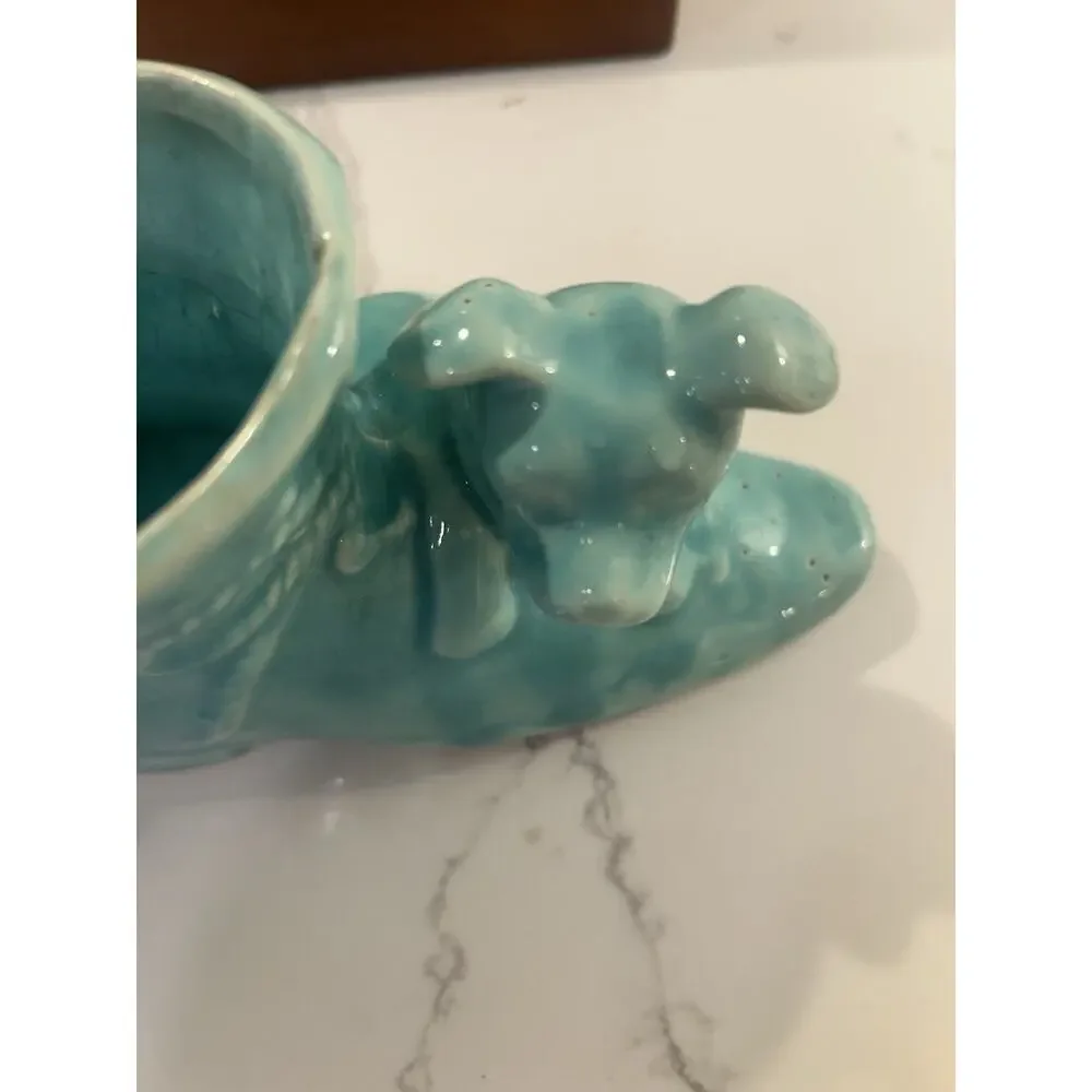 Vintage USA‎ Pottery Blue Ceramic Shoe With Dog Planter With Bow